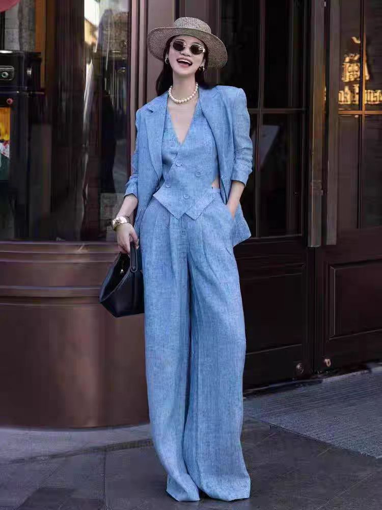 Linen Pant Wide - Blue Linen Fashion Set Women's Three-Piece